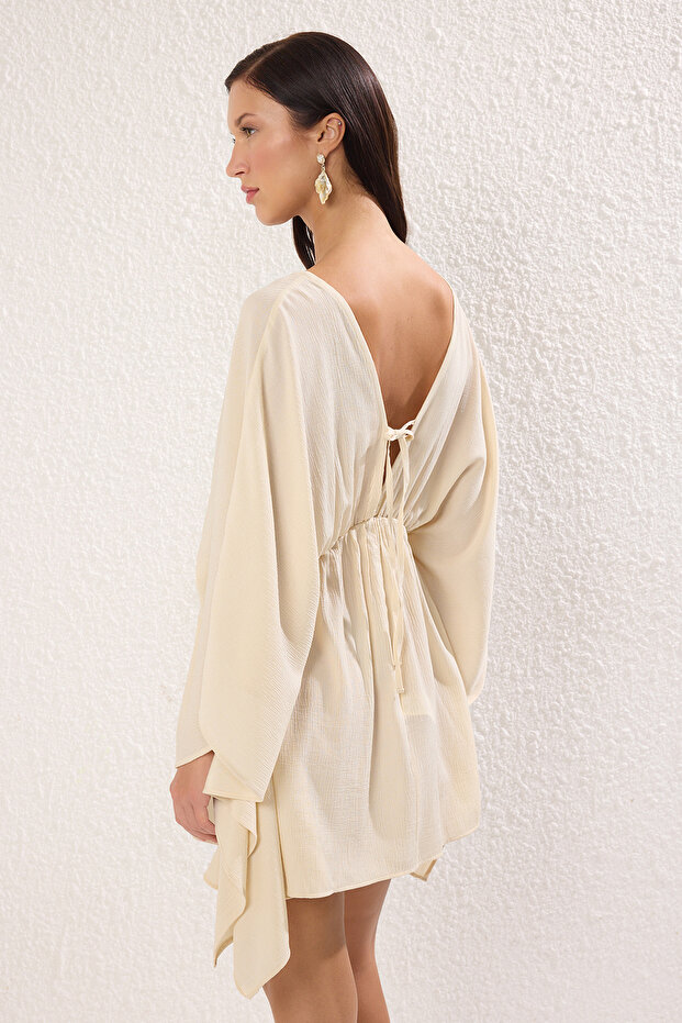 Ecru Oversize Midi υφαντό 100% βαμβακερό φόρεμα παραλίας TBESS25EL00127 - 4