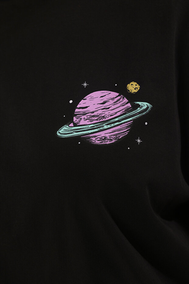 Siyah Galaksi Baskılı Oversize Fit Büyük Beden T-shirt TBBSS25BF00070 - 7