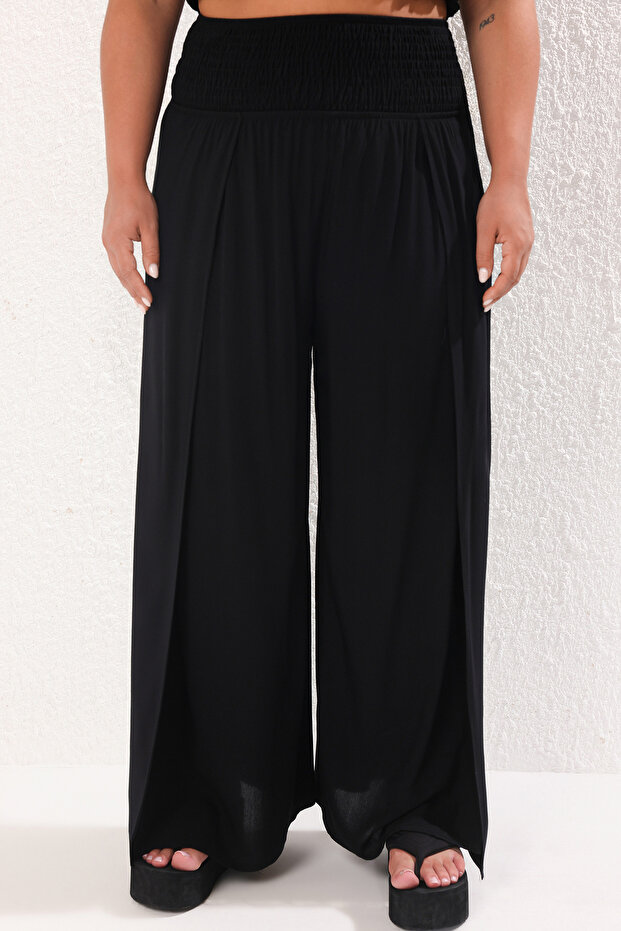 Siyah Düz Beli Gipeli Geniş Paça Plaj Giyim Büyük Beden Pantolon TBBSS25AR00010 - 5