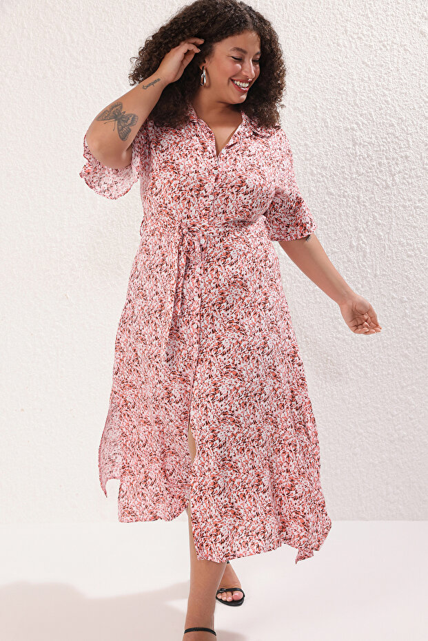 Rózsaszín absztrakt mintás szőtt hasított ingruha TBBSS22EL1596 - 4