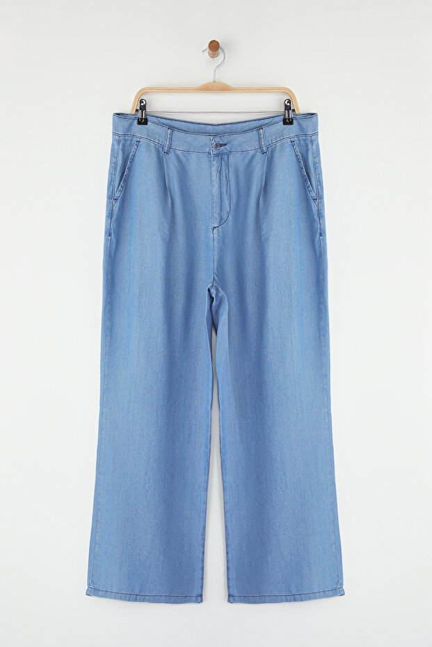 Mavi Yüksek Bel Geniş Paça İnce/Yazlık Tencel Büyük Beden Wide Leg Jeans TBBSS25CJ00022 - 5