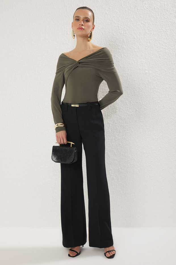 Haki Asimetrik Yaka Örme Body TPRAW25BD00009 - 3