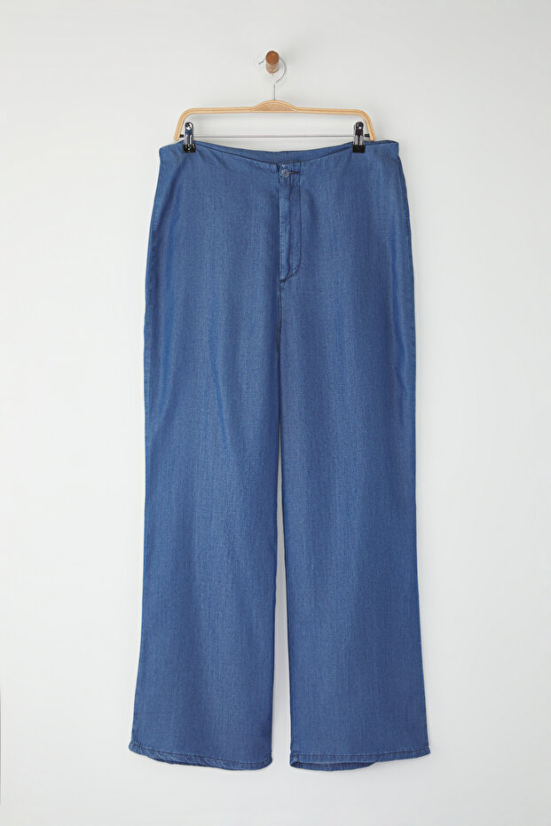Koyu Mavi Yüksek Bel Geniş Paça Yazlık Tencel Büyük Beden Wide Leg Jeans TBBSS25CJ00021 - 5