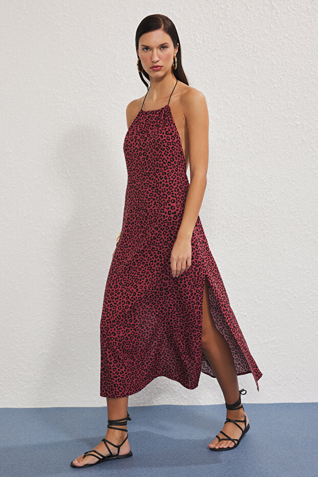 Leopar Desenli Dokuma Maxi Plaj Elbise TBESS25EL00138 - 1