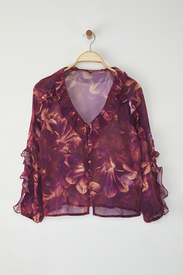 Mürdüm Boho Şifon Transparan Çiçekli Fırfırlı Dokuma Gömlek TWOSS25GO00063 - 5