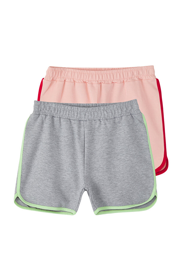 Gri-Pembe 2'li Kız Çocuk %100 Pamuk Biye Detaylı Lastikli Örme Şort TKDSS25SR00025 - 3