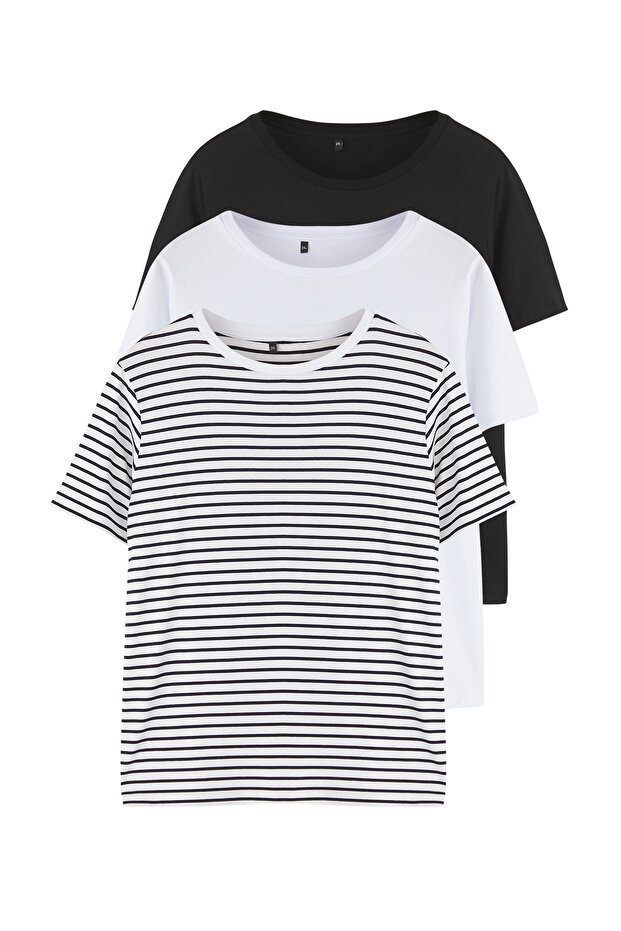Siyah-Beyaz 3'lü Paket Büyük Beden T-shirt TBBSS25BF00071 - 8