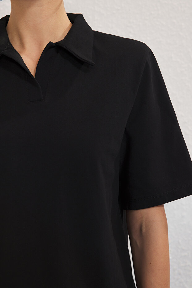 Siyah Kalın Pamuklu Vatkalı Polo Yaka Regular/Normal Kalıp Örme T-Shirt TWOSS25TS00195 - 3