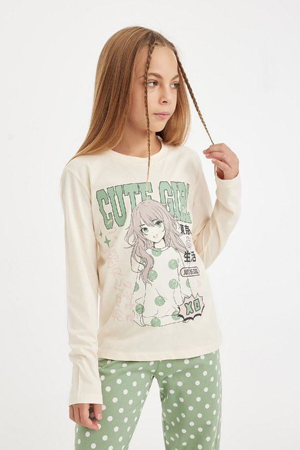 Kız Çocuk Pijama Takımı Bisiklet Yaka Baskılı Uzun Kollu Üst Uzun Alt D3729a824au - 4