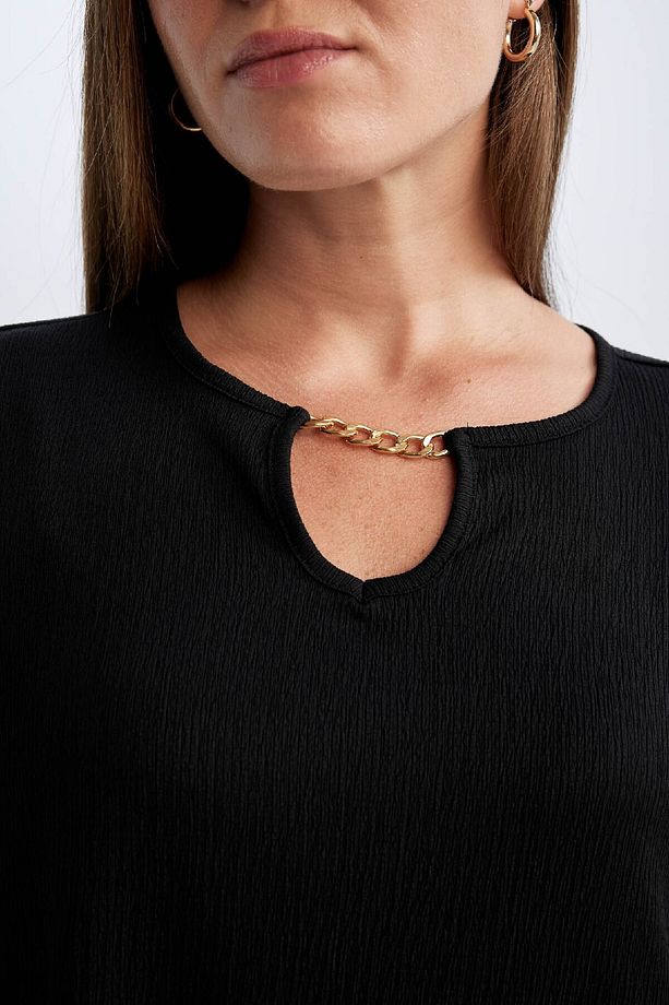 Regular Fit Apaş Yaka Basic Düz Bürümcük Kısa Kollu Midi Elbise D3834ax24sm - 5