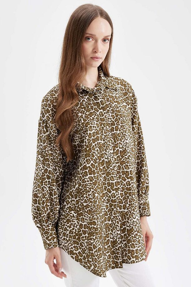 Regular Fit Gömlek Yaka Leopar Desenli Uzun Kollu Gömlek Tunik D4097ax24au - 1