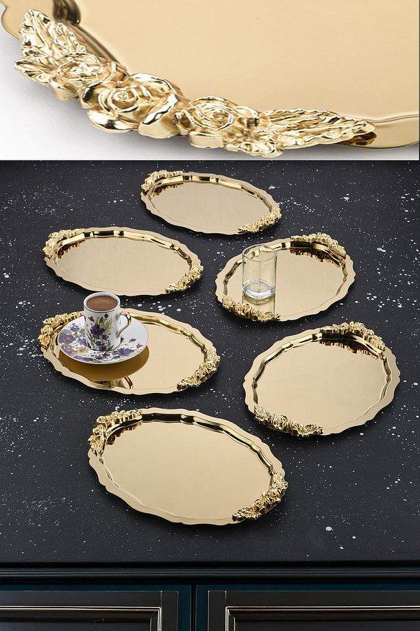 6 Adet Oval-Bulut Model Gül Motifli Kahve-Çay Sunum Tepsisi 25 cm x 20 xm - 1