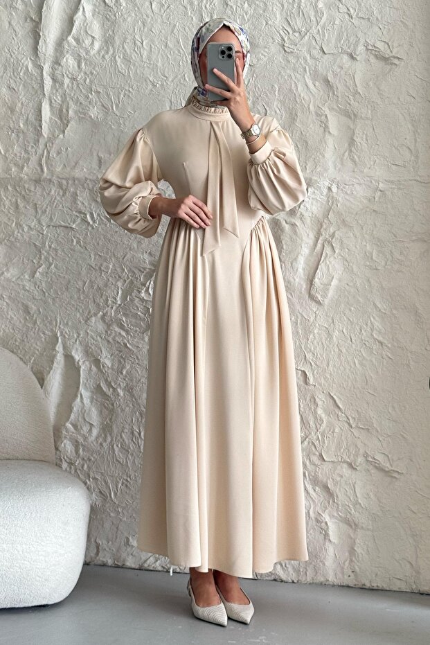 Belted Collar and Sleeves Balloon Beige Dress