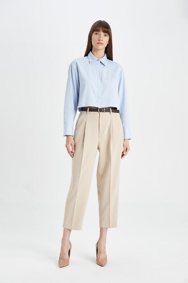 Crop Basic Düz Düğmeli Dokuma Uzun Kollu Gömlek D4617ax24au - 5