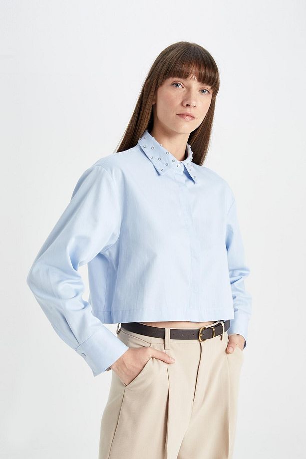 Crop Basic Düz Düğmeli Dokuma Uzun Kollu Gömlek D4617ax24au - 6