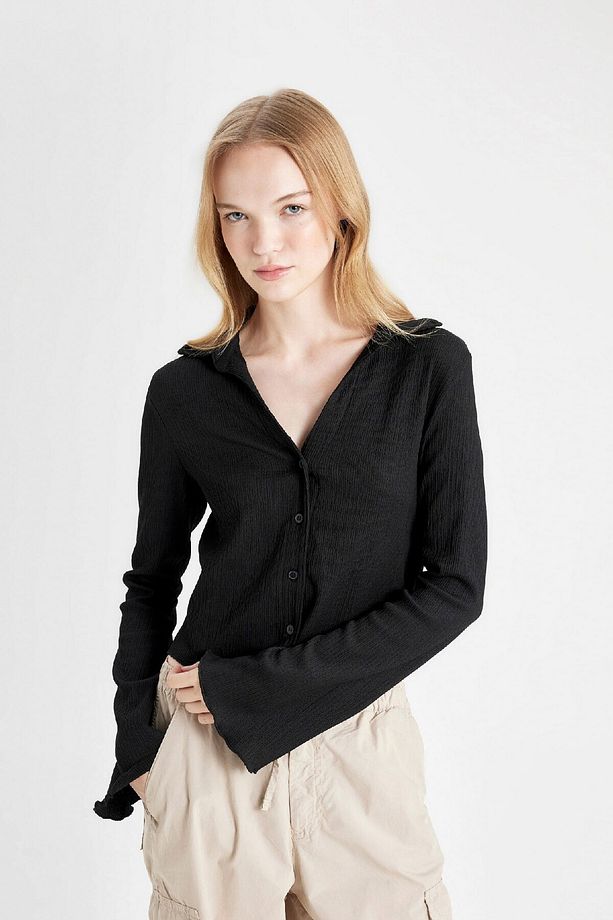 Coool Fitted Basic Düz Düğmeli Uzun Kollu Crop Siyah Gömlek A0012ax24au - 4