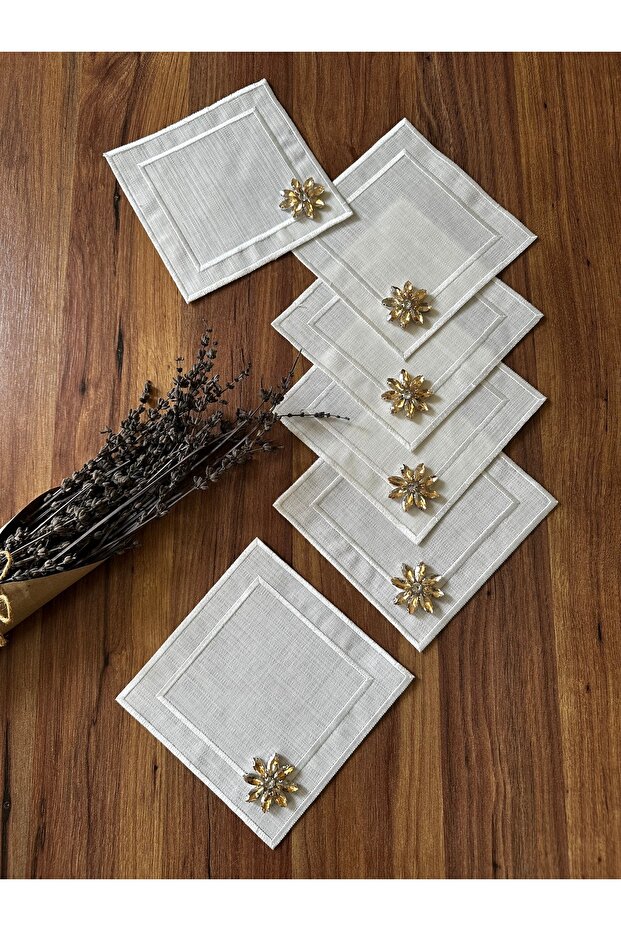 6 Pieces Stone Detailed Square Coffee Side, Cocktail, Presentation Napkin