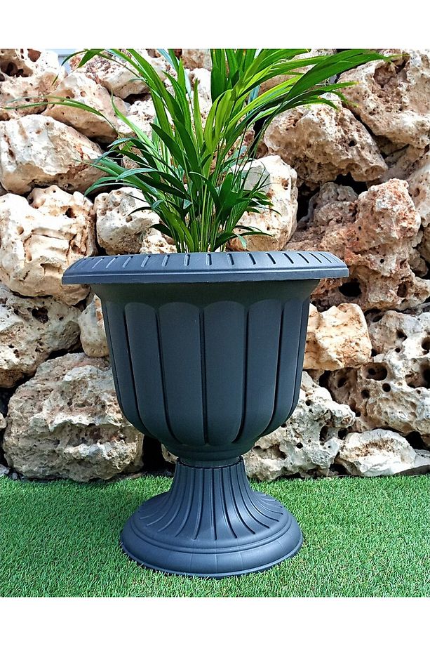 2 Adet Gri Nergis Saksı Seti Dekoratif Plastik Çiçek Saksısı Set - 9