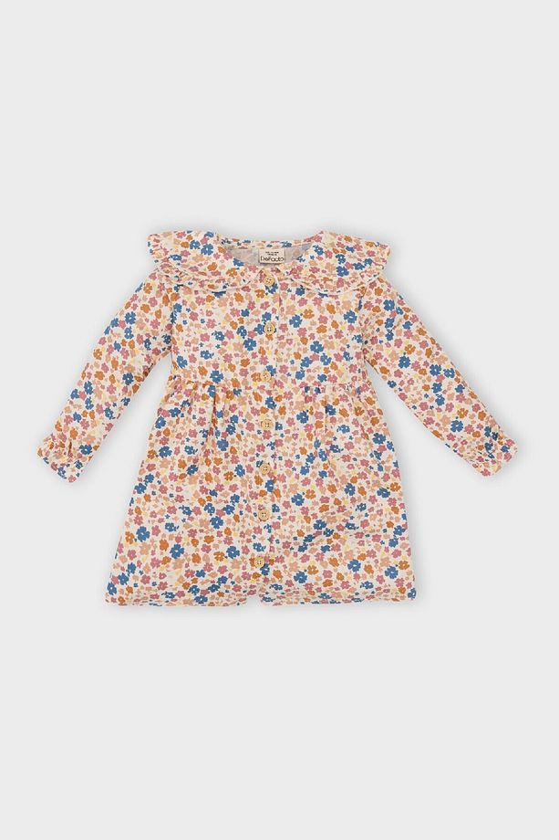 Kız Bebek Çiçekli Uzun Kollu Yakası Fırfırlı Twill Elbise D5962A524WN - 1