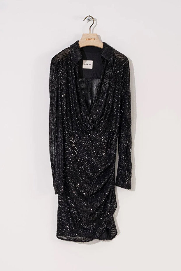 Payetli Gömlek Yaka Drapeli Mini Elbise - 1