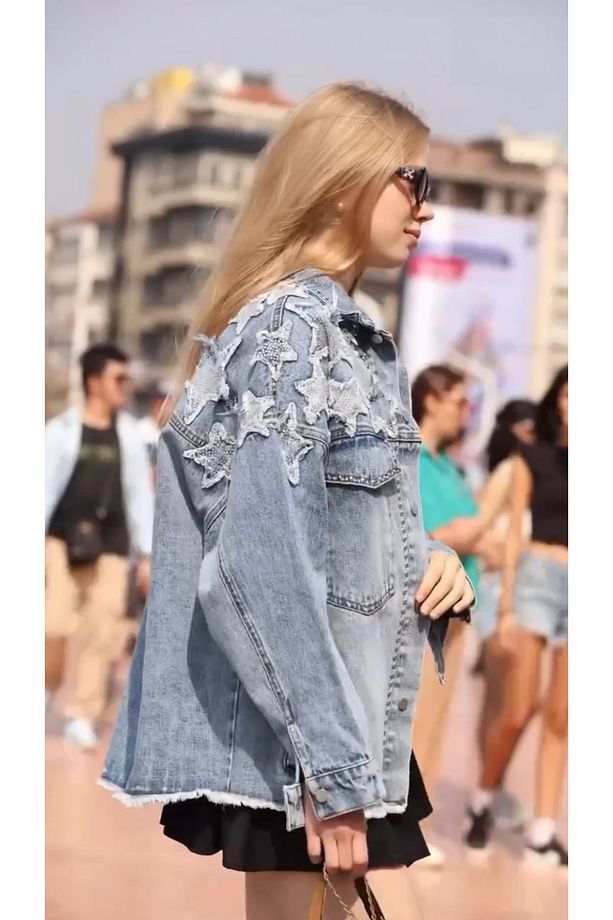 Yıldız Desenli Pullu Oversize Kalıp Kot Ceket - 1