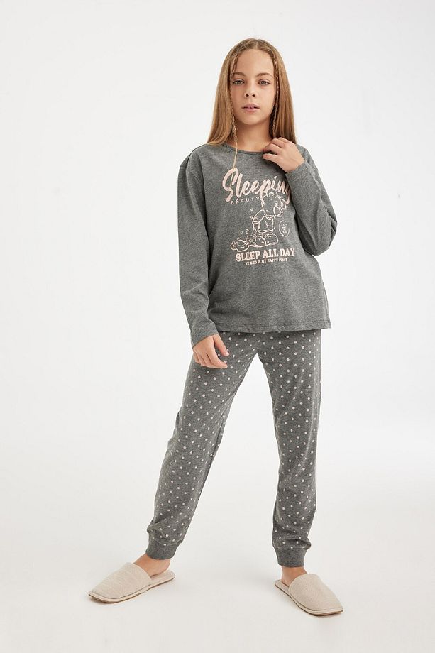 Kız Çocuk Pijama Takımı Baskılı Uzun Kollu Üst Beli Lastikli Uzun Alt D6319a8ns - 1