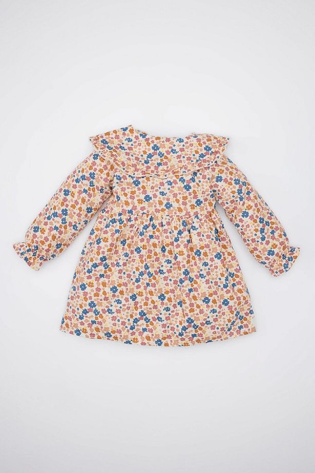Kız Bebek Çiçekli Uzun Kollu Yakası Fırfırlı Twill Elbise D5962A524WN - 4