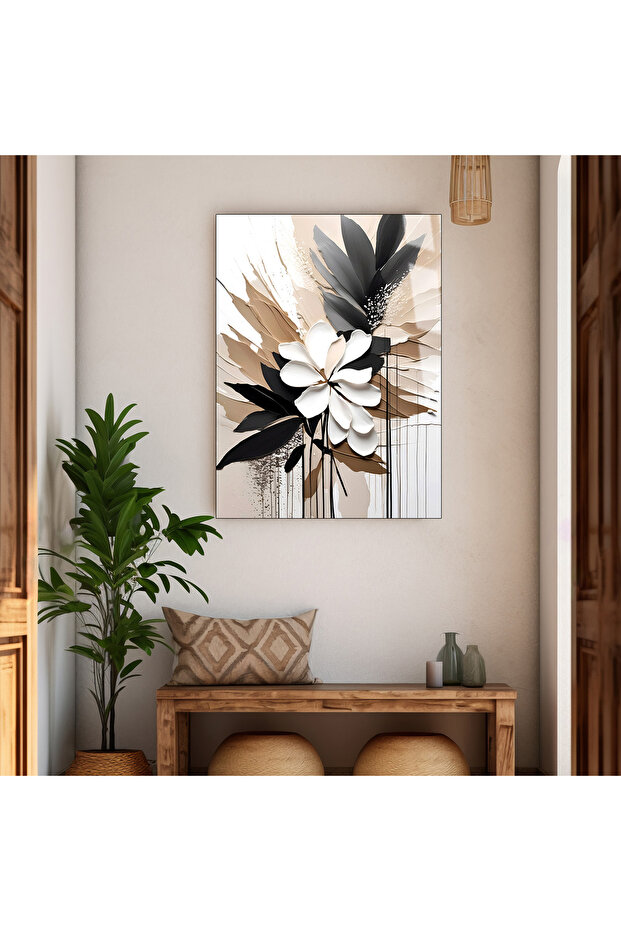 هاريكابيريف | طاولة زجاجية غير قابلة للكسر، تصميم تجريدي على شكل زهرة باللون الأسود والبيج والأبيض | TMTEKLİ