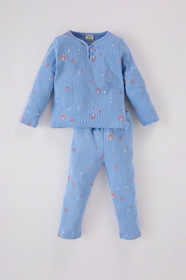 Kız Bebek Pijama Takımı Gökkuşağı Baskılı Uzun Kollu Fitilli Kaşkorse Üst Uzun Alt D5371A524WN - 1