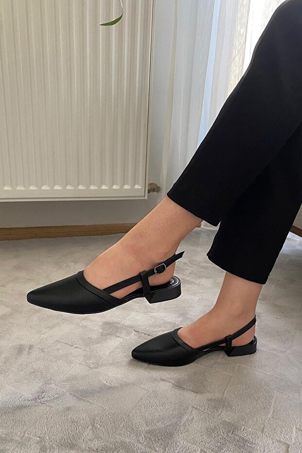 Women's Tena Black Skin Open Back Pointed Toe Daily Ballerinas