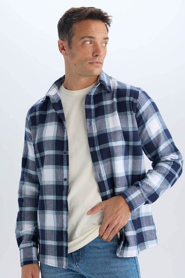 Regular Fit Kareli Pamuklu Uzun Kollu Gömlek D7556AX24AU - 1