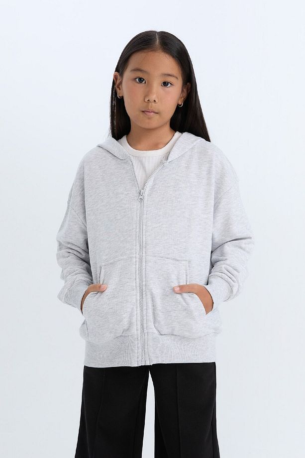 Kız Çocuk Oversize Geniş Kalıp Kapüşonlu Basic Düz Fermuarlı Sweatshirt D8214a8ns - 1