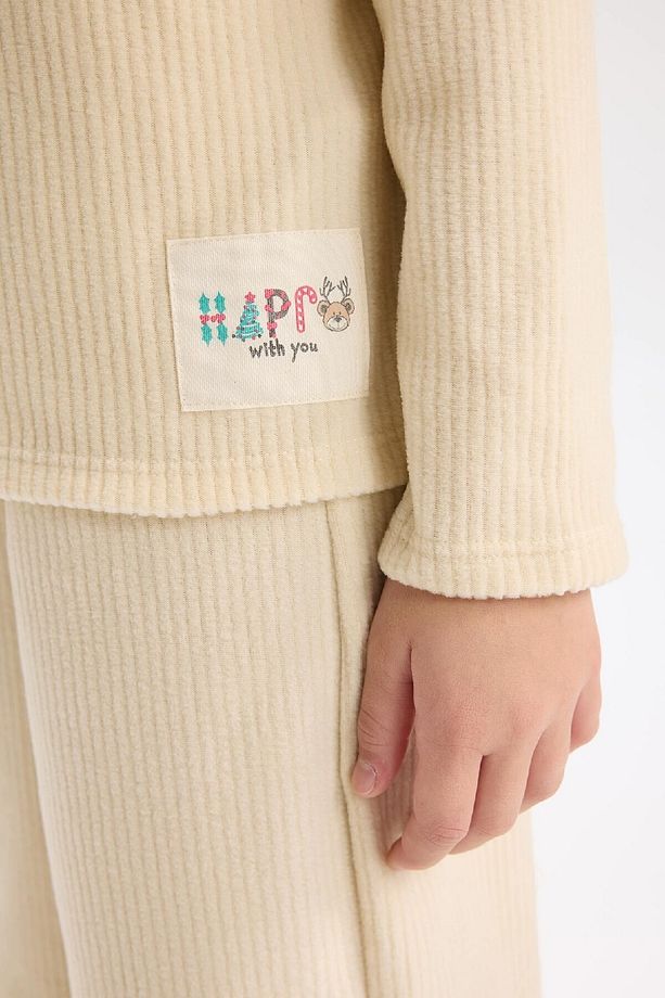 Kız Çocuk Pijama Takımı Polar Bisiklet Yaka Uzun Kollu Basic Düz Üst Uzun Alt D7745A824WN - 5