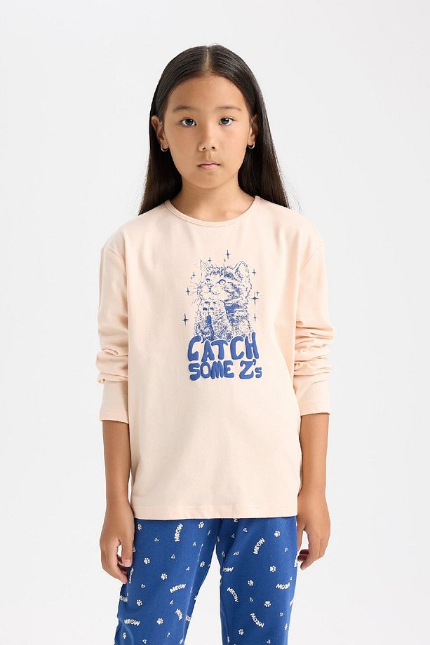 Kız Çocuk Pijama Takımı Baskılı Uzun Kollu Üst Beli Lastikli Uzun Alt D7743A824WN - 3