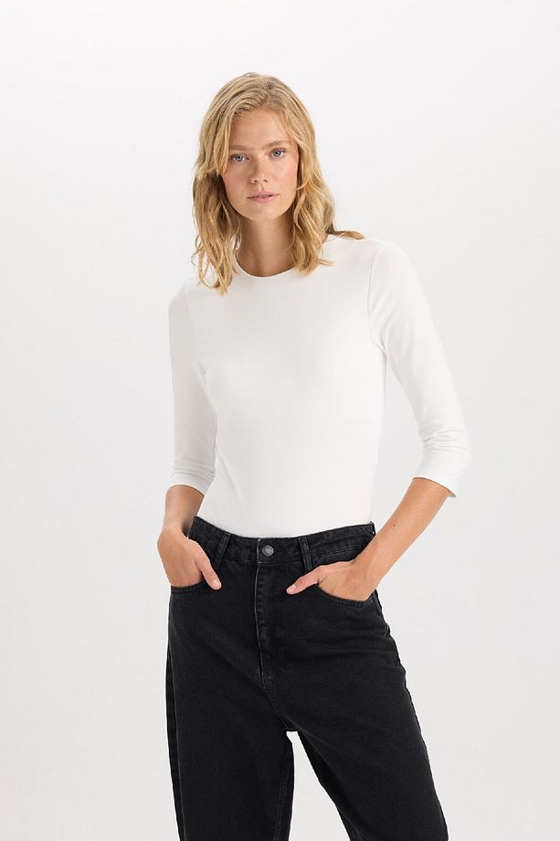 Regular Fit Bisiklet Yaka Basic Düz Yarım Kollu Çıtçıtlı Body D6915ax24au - 3
