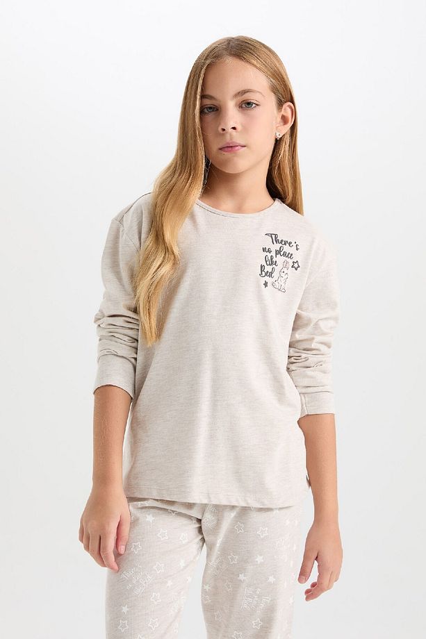 Kız Çocuk Pijama Takımı Bisiklet Yaka Baskılı Uzun Kollu Üst Beli Lastikli Uzun Alt D6656a824wn - 3