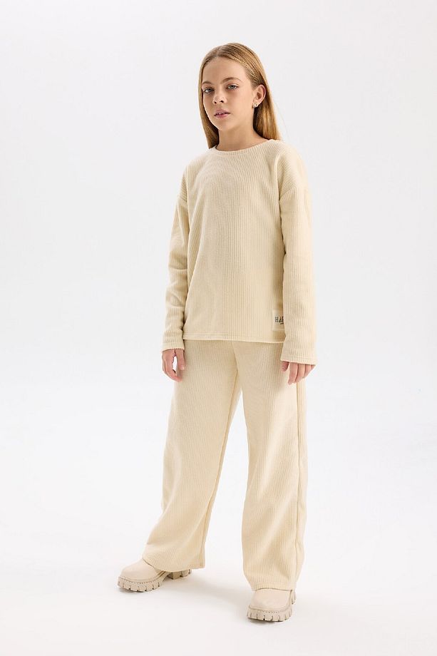 Kız Çocuk Pijama Takımı Polar Bisiklet Yaka Uzun Kollu Basic Düz Üst Uzun Alt D7745A824WN - 1
