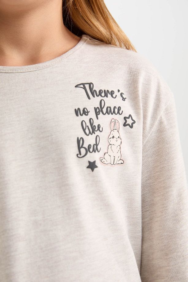 Kız Çocuk Pijama Takımı Bisiklet Yaka Baskılı Uzun Kollu Üst Beli Lastikli Uzun Alt D6656a824wn - 4