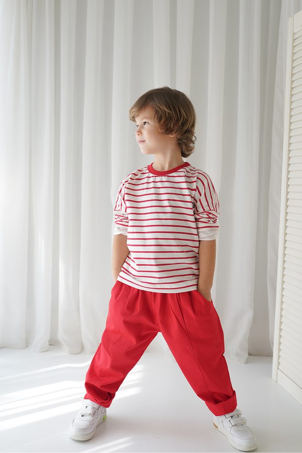 Red Gabardine Carrot Trousers + Red White Striped Combed Cotton Sweat