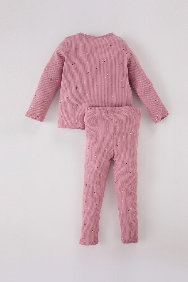 Kız Bebek Pijama Takımı Yıldız Desenli Fitilli Kaşkorse Bisiklet Yaka Uzun Kollu Üst Uzun Alt D7173a - 4