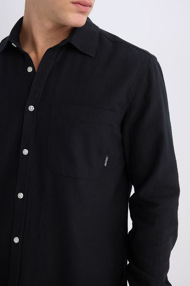 %100 Pamuk Regular Fit Basic Düz Uzun Kollu Siyah Gömlek D7079ax25sp - 5