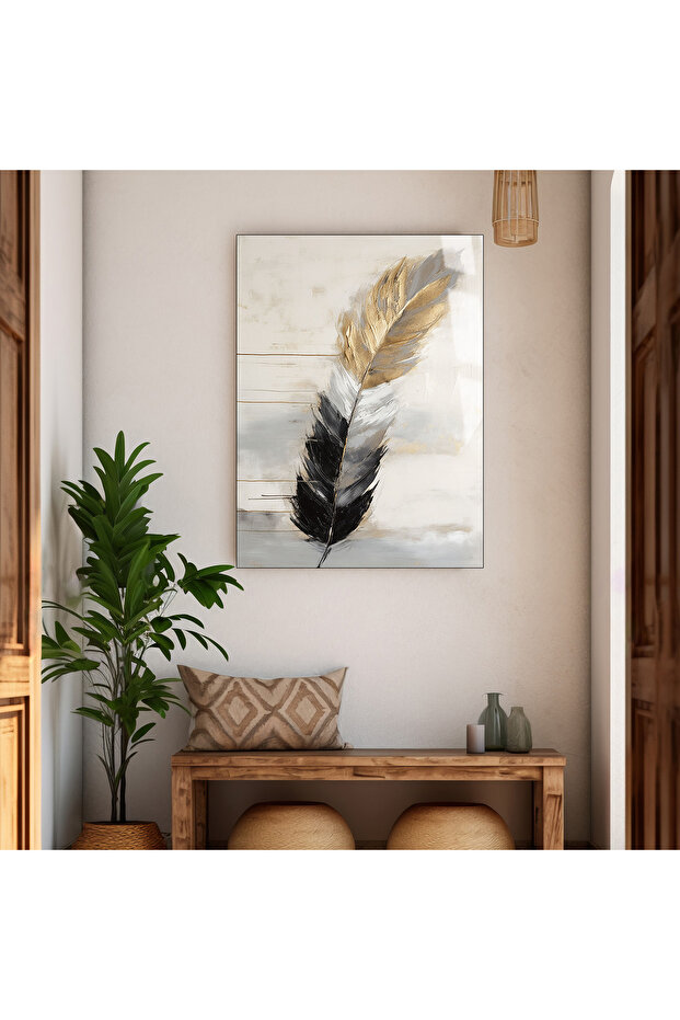 Hari̇kabi̇rev | Feather Theme Gray-Black-Gold Color Tempered Unbreakable Glass Table | Tmtekli̇
