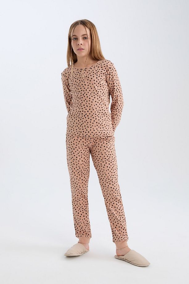 Kız Çocuk Pijama Takımı Fitilli Kaşkorse Desenli Bisiklet Yaka Uzun Kollu Üst Uzun Alt D7748a8 - 2