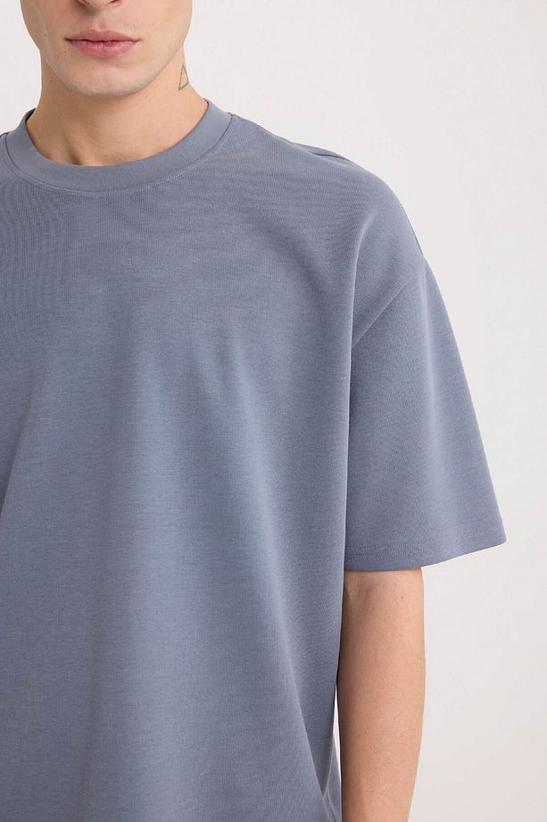 Oversize Geniş Kalıp Bisiklet Yaka Kısa Kollu Basic Düz Ağır Kumaş Tişört X3926az25sp - 5