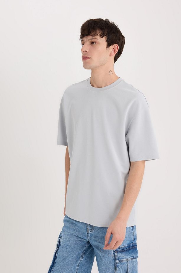 Oversize Geniş Kalıp Bisiklet Yaka Kısa Kollu Basic Düz Ağır Kumaş Tişört X3926az25sp - 4