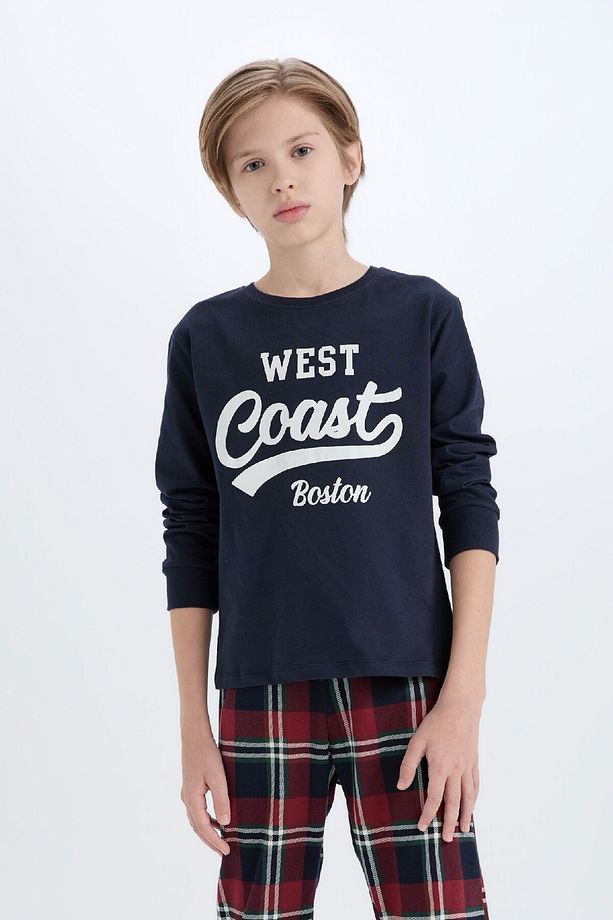 Erkek Çocuk Pijama Takımı Bisiklet Yaka Baskılı Uzun Kollu Üst Kareli Uzun Alt D5212A824WN - 3