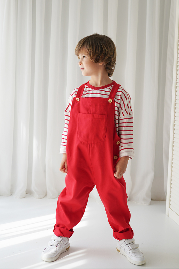 Red Gabardine Strappy Jumpsuit + Red White Striped Sweat