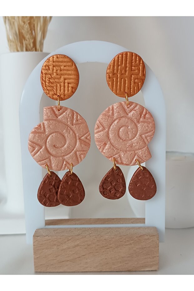 Metallic Brown Orange Pink Color Bohemian & Ethnic Earrings Polymer Clay Textured Earrings