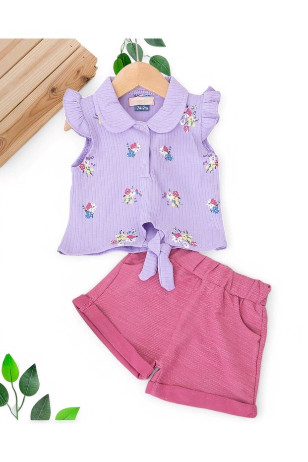 Baby Girl Summer Flower Printed Bluzlu Muslin Shorts 6-9-12-18-24 Months Baby Girl Set