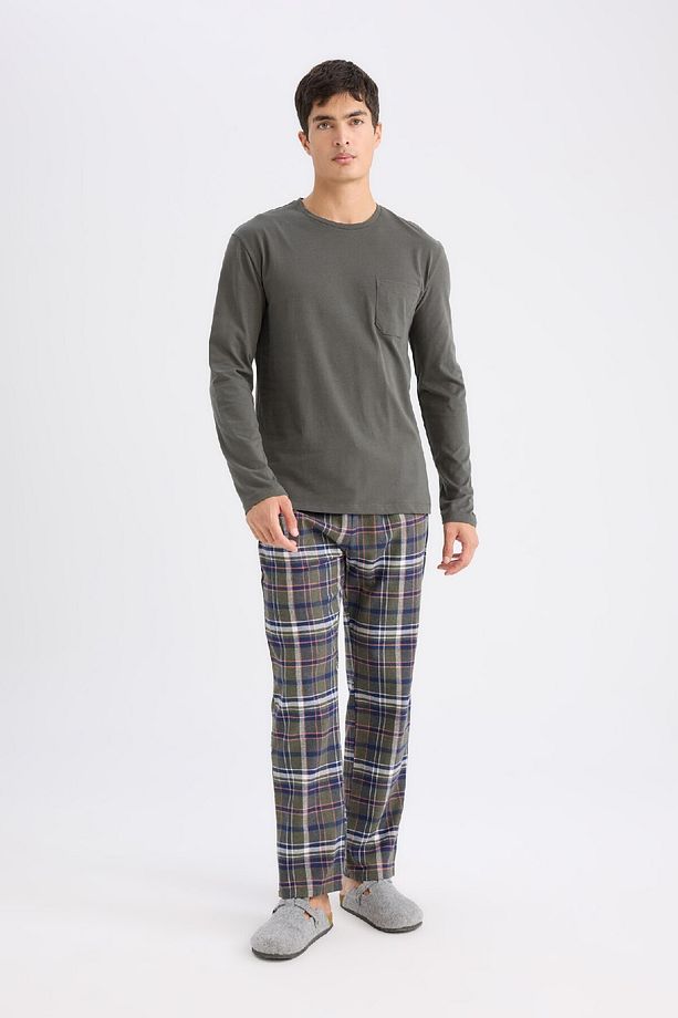 Pijama Takımı Regular Fit Uzun Kollu Basic Düz Üst Kareli Alt B2450ax24wn - 1